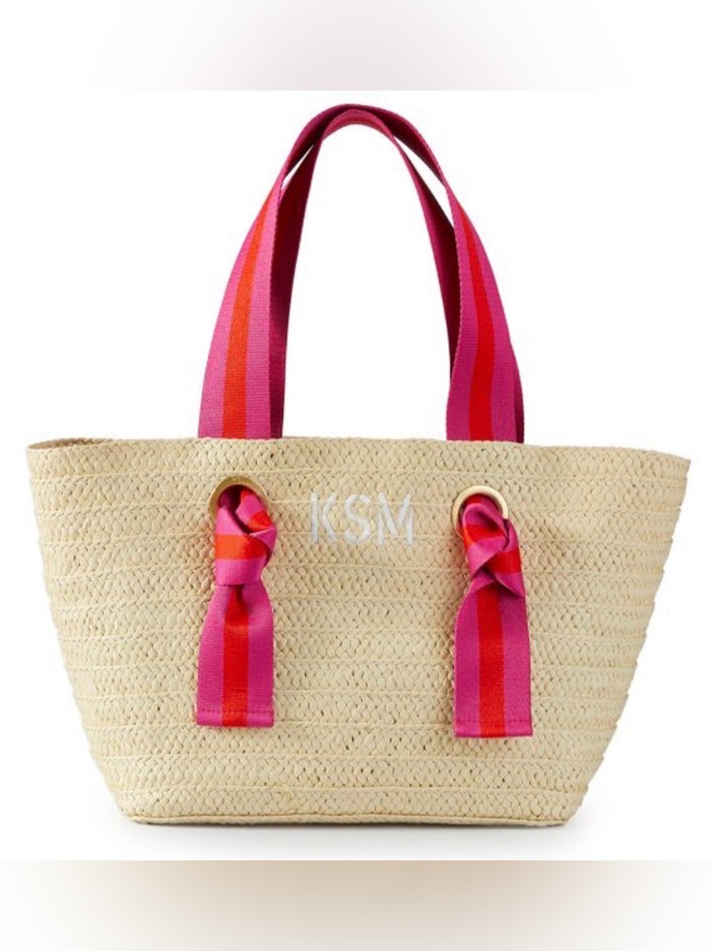 Mark & Graham Striped Pink Ribbon Straw Tote Bag with Monogram-NBU
